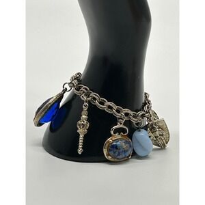 Vtg CLAUDETTE Signed Silver Tone Chunky Stone & Charm Bracelet
